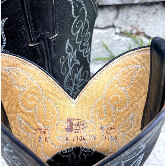 Justin | Women's Vintage Steel Toe Embroidered Leather Cowboy Boots Black Size 7 - Picture 7 of 8